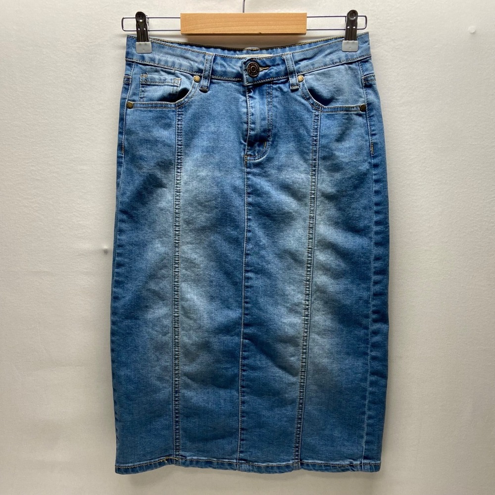 Chiqle Denim Architect Pencil Skirt Women's Small Blue Jean Career Casual EUC